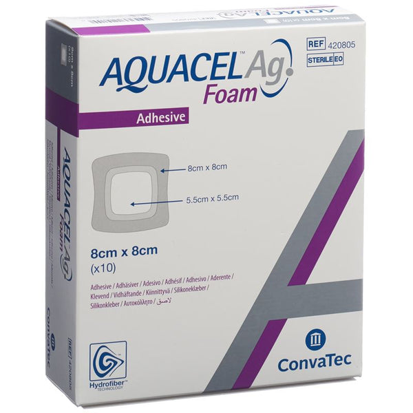 AQUACEL Ag Foam adhäsiv 8x8cm 10 Stk